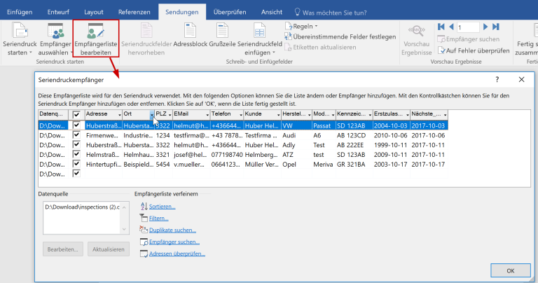 Serienbrief Empfängerliste