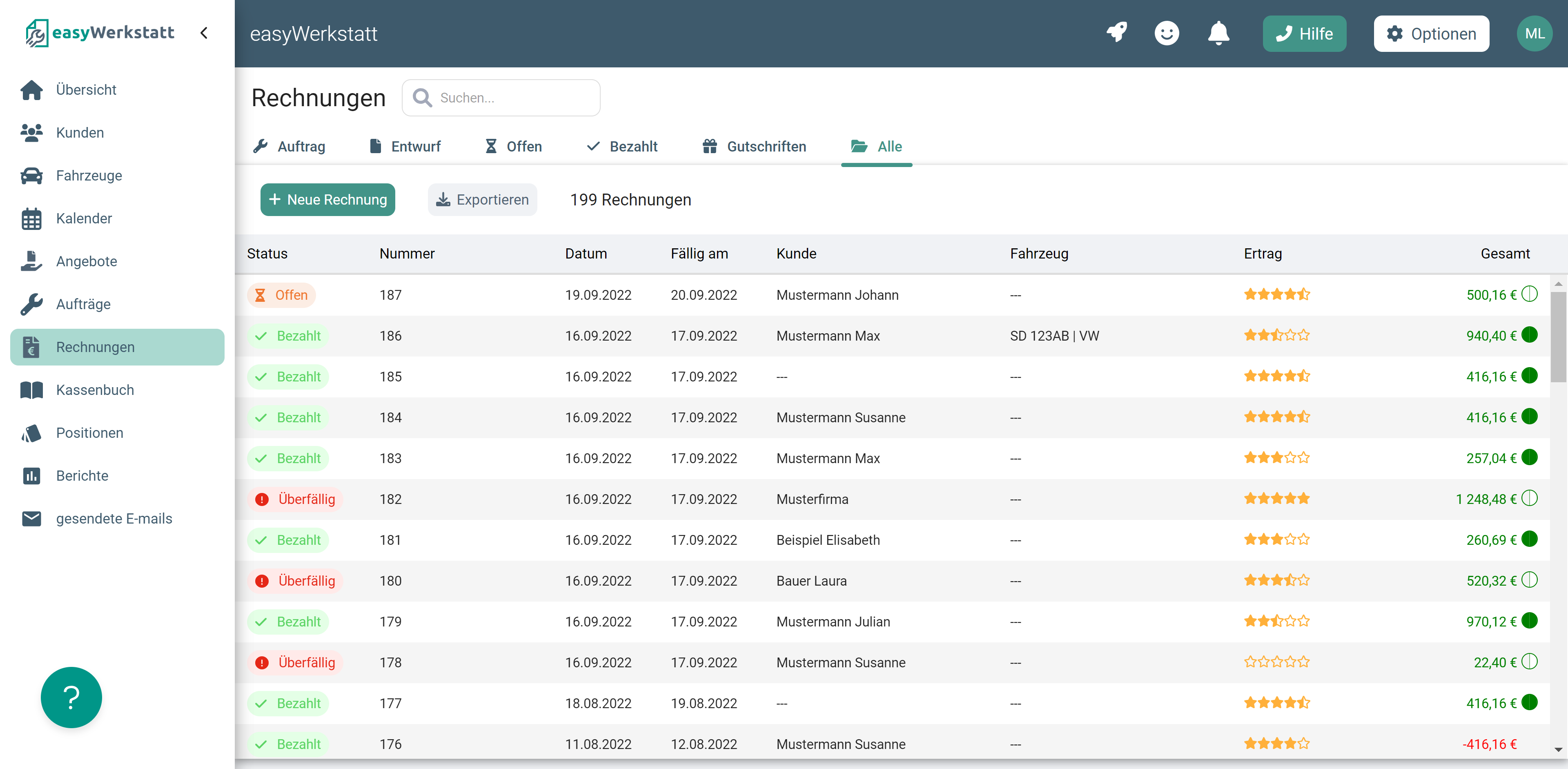 Screenshot- Übersicht der Rechnungen