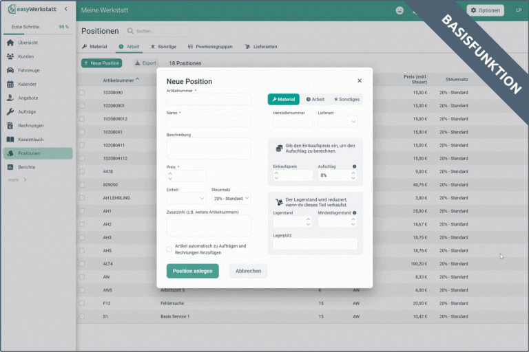 Neue Position in easyWerkstatt anlegen