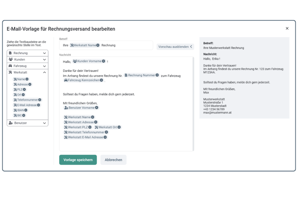 E - Mail Vorlage in easyWerkstatt