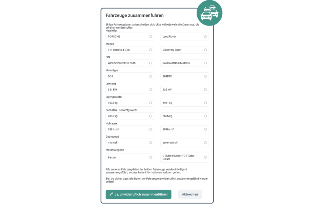 Fahrzeuge zusammenführen in easyWerkstatt