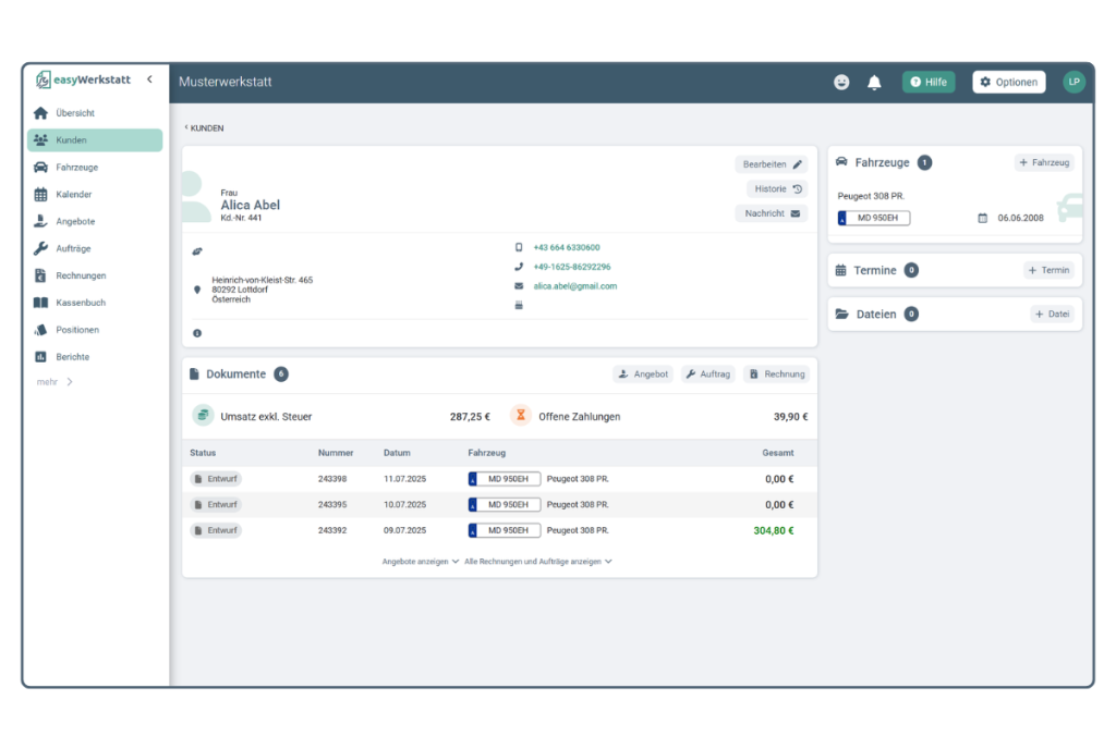 Kunden- und Fahrzeugansicht in easyWerkstatt