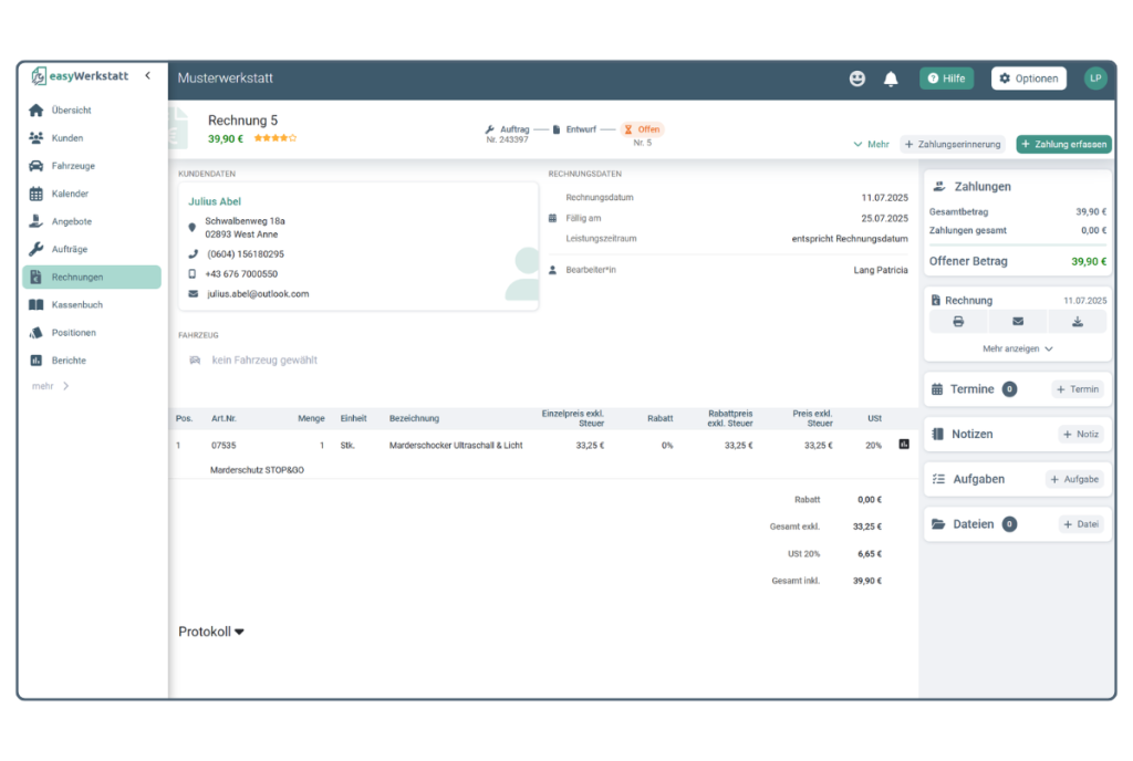 Rechnungsdetailansicht in easyWerkstatt