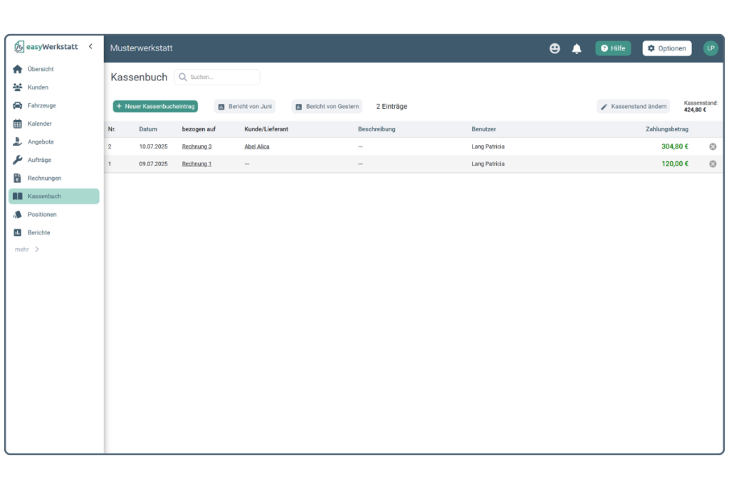 Kassabuch in easyWerkstatt