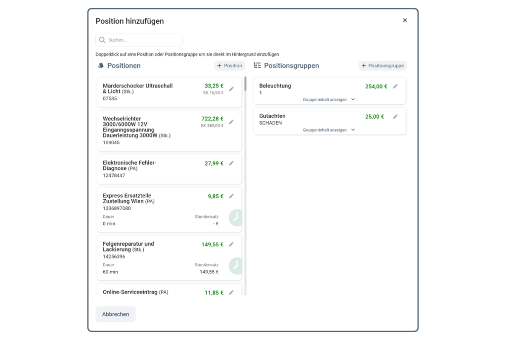 Positionsgruppen in easyWerkstatt