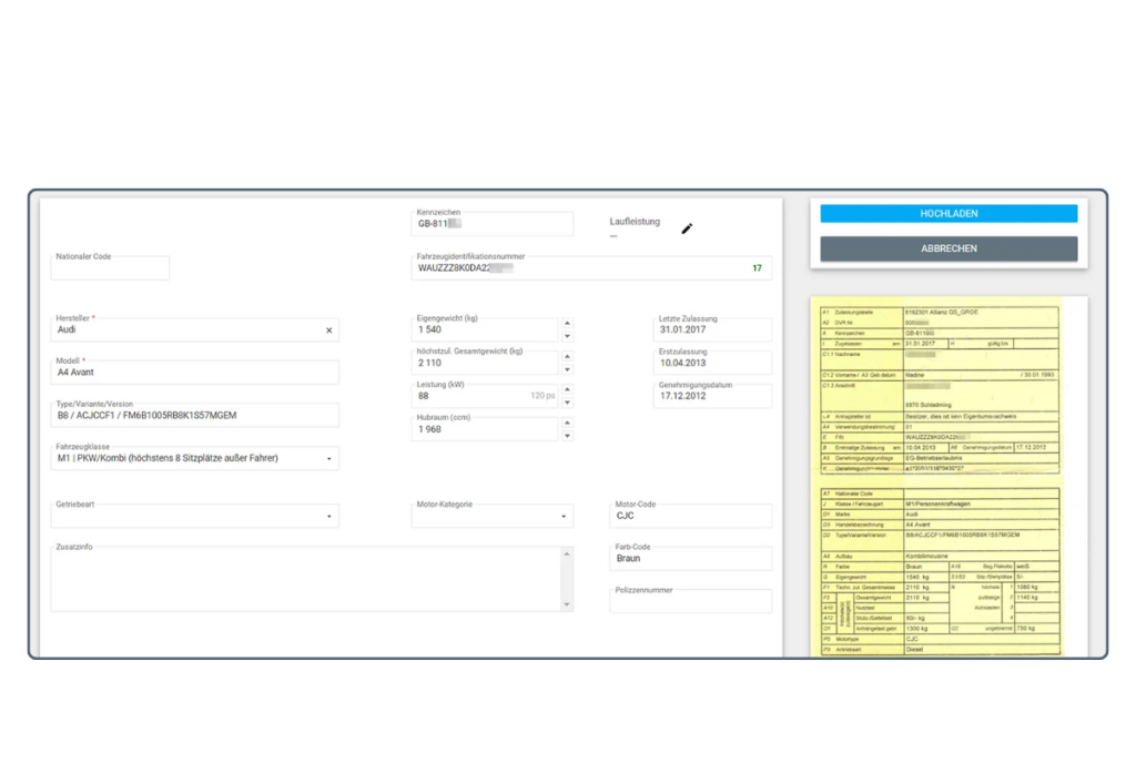 Zulassungsscheinscanner in easyWerkstatt